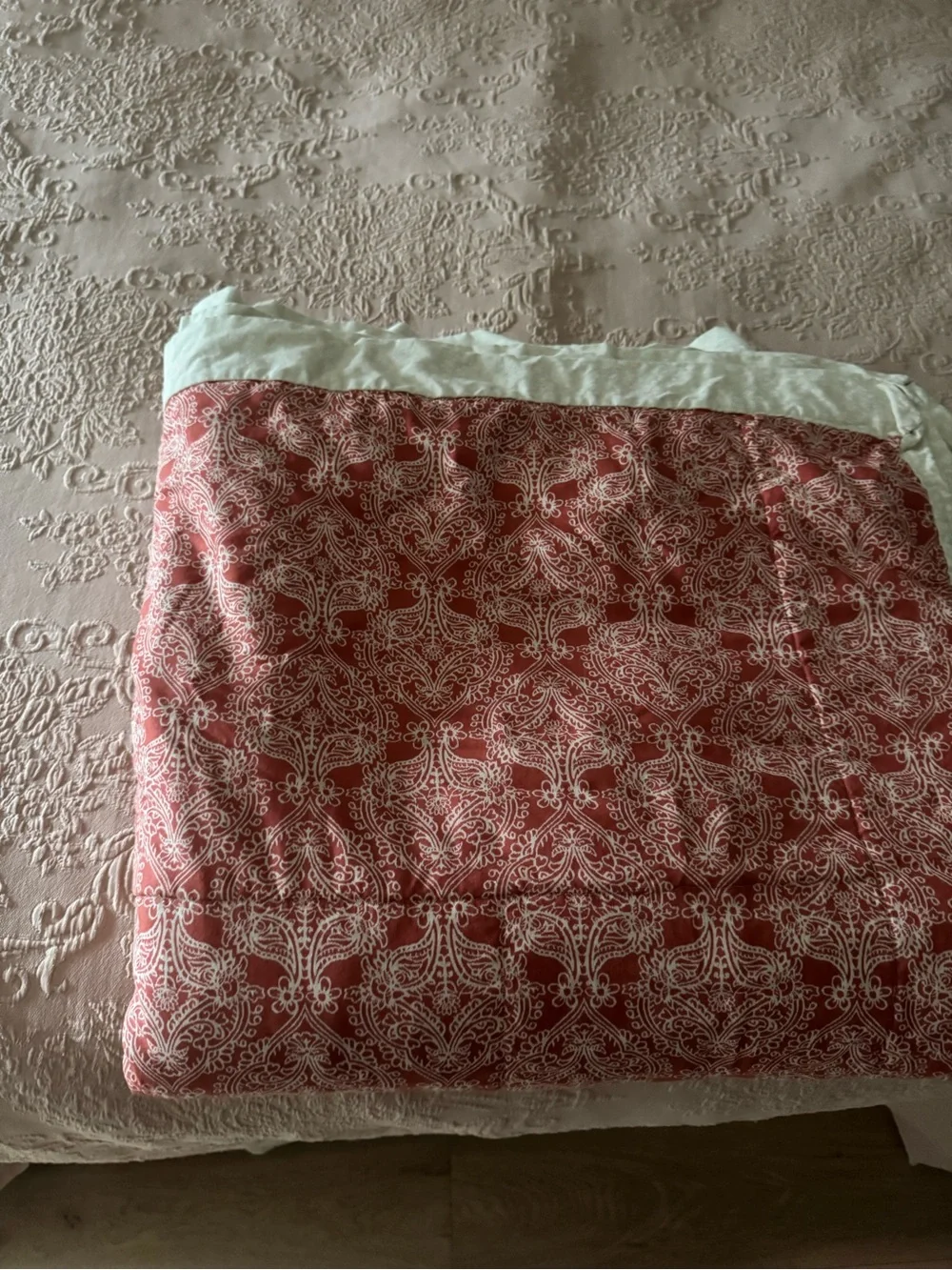 Patchwork Quilt Bedspread in Pink, Beige and Blue approx. 88 by 82 inches
